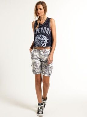 Superdry Core Cargo Shorts | Gray Camo | Size 28 | Unisex/Relaxed Boyfriend Fit